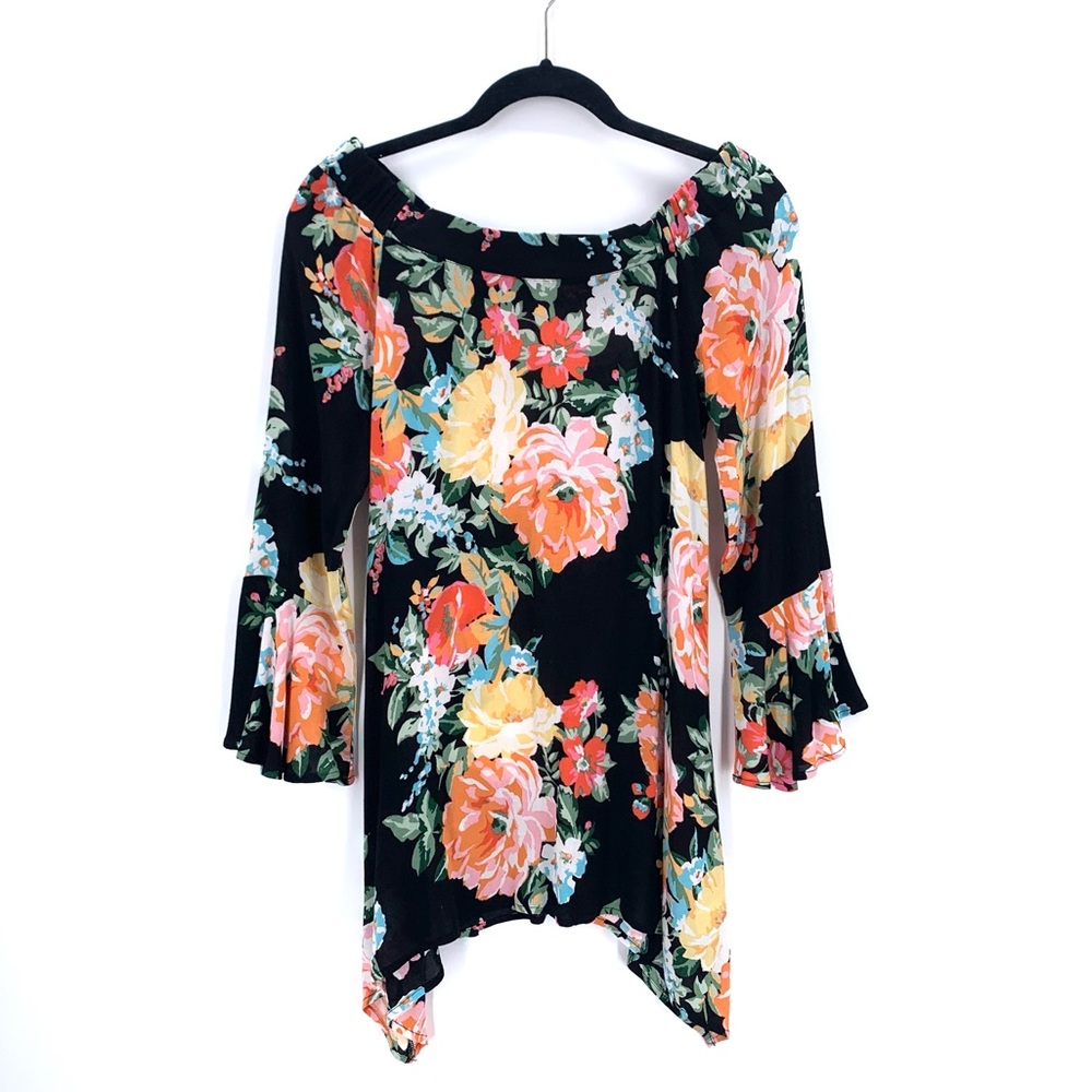 Altar’d State Black Floral Print Tunic Mini Dress w/ Long Ruffle Sleeves Small